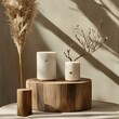© Shehroo Time - Contemporary Product Setup on Timber Pedestal with Soft Glow and Earthy Tones