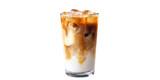 A refreshing iced latte in a clear glass with visible layers of milk coffee and ice cubes on black background