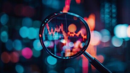 Poster - Magnifying glass on a stock market graph with blurred city lights in the background.