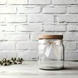 © Shehroo Time - White Brick Background with Wooden Lid Glass Jar and Ribbon