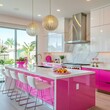 © Shehroo Time - Contemporary Pink and White Kitchen with Island Seating