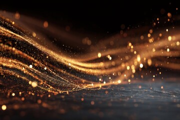 Wall Mural - golden glitter streams flow in abstract motion on dark background studio shot with bokeh effect and 