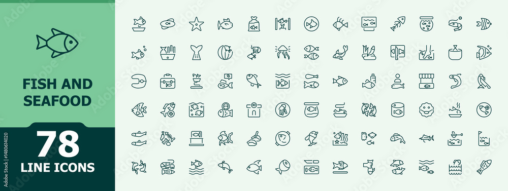 Fish And Seafood icon set. Minimalist icons pack. Includes thin line ...