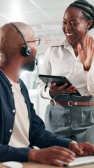 Aufkleber - Call center, high five or success with manager and employee at work for lead generation or telemarketing. Collaboration, deal and tablet with people in office together for communication or sales