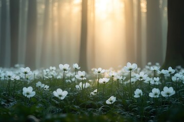 Wall Mural - misty forest glade, white flowers