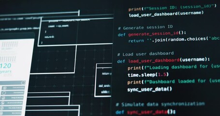 Fototapete - Fast, code and screen with software, cybersecurity or IT for overload or digital glitch. Tech closeup, computer and programming with cloud computing, app or blockchain for analytics or password