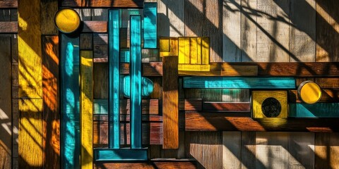 Abstract Geometric Wood Paneling Design Teal Yellow Brown Sunlight art wall style lines decor image