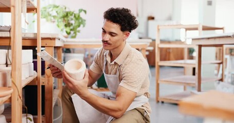 Poster - Pottery studio, small business and man with clipboard for inventory, management and planning in store. Startup owner, writing and ceramics checklist, stock or invoice by shelf for craft product
