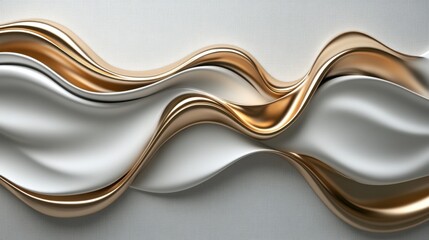 Wall Mural - abstract gold and silver metallic waves flowing on textured white background, close-up elegant desig