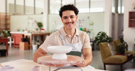 Poster - Happy man, face and tablet in workshop for ceramics, inventory management or clay order. Small business, portrait or artisan entrepreneur in startup for pottery sales, craft checklist or stock supply