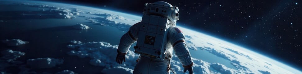 Wall Mural - astronaut's back, floating in space dark suit, helmet visible , space, space travel, back