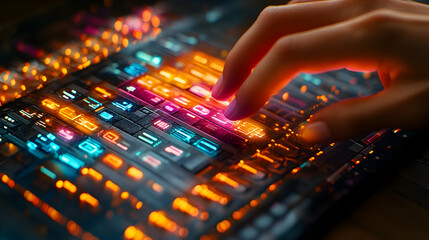 A hand interacts with a futuristic, glowing control panel, adjusting vibrant, multicolored lights
