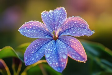 Aufkleber - Beautiful purple flower covered in dew glistens in the morning sun, showcasing intricate petal details and vibrant colors in a serene outdoor setting