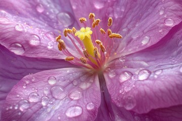 Aufkleber - Beautiful purple flower covered in dew glistens in the morning sun, showcasing intricate petal details and vibrant colors in a serene outdoor setting