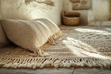 Poster - Cozy natural fibers adorn a sunlit room in a rustic setting with soft textures, inviting relaxation and tranquility on a warm afternoon
