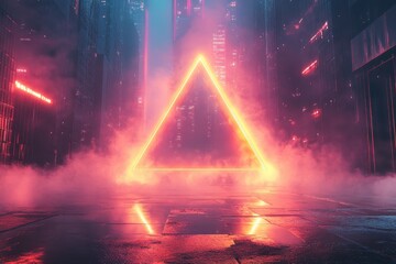 Poster - Bright neon triangle illuminates a dark alley filled with mist, creating a mysterious and futuristic atmosphere at night