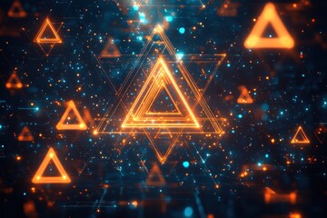 Aufkleber - Vibrant geometric patterns with glowing triangles and luminous dots create a dynamic digital space at night