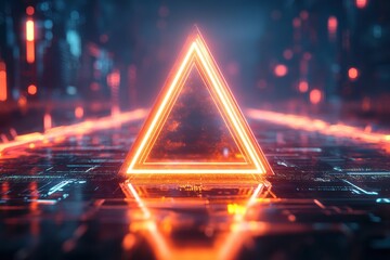 Poster - Vivid neon triangle illuminating a modern hallway, creating a captivating atmosphere during nighttime