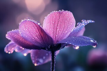 Aufkleber - Close-up of a dew-kissed pink flower in the early morning light highlighting delicate petals and shimmering droplets against a soft, blurred background