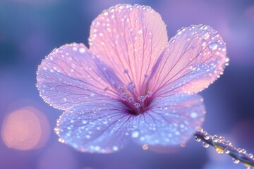 Aufkleber - Close-up of a dew-kissed pink flower in the early morning light highlighting delicate petals and shimmering droplets against a soft, blurred background