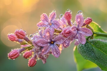 Aufkleber - Vibrant lilac flowers glisten with dew drops under soft sunlight during springtime, creating a serene and enchanting atmosphere in a blooming garden setting