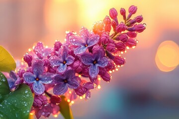 Aufkleber - Vibrant lilac flowers glisten with dew drops under soft sunlight during springtime, creating a serene and enchanting atmosphere in a blooming garden setting