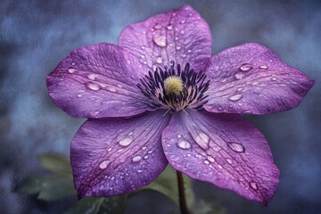 Aufkleber - Purple flower with water droplets showcasing intricate petals and vibrant colors thrives in a tranquil garden setting during a calm morning