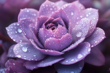 Aufkleber - Purple flower with water droplets showcasing intricate petals and vibrant colors thrives in a tranquil garden setting during a calm morning