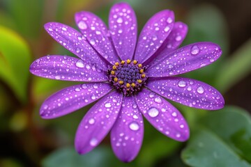 Aufkleber - Purple flower with water droplets showcasing intricate petals and vibrant colors thrives in a tranquil garden setting during a calm morning