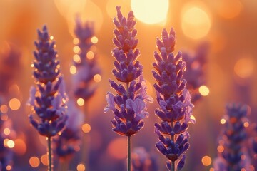 Aufkleber - Lavender flower with water droplets shining in soft light during early morning hours in a garden setting
