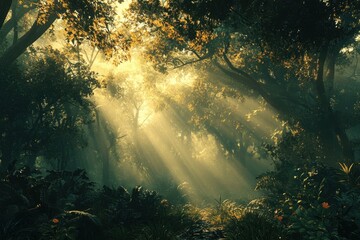 Poster - Sunlight filters through leaves in a tranquil forest during early morning hours creating a serene atmosphere