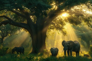 Aufkleber - Majestic elephants gather under a large tree basking in golden sunlight during early morning in an African landscape