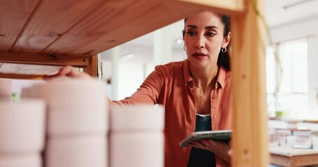 Poster - Ceramic, shop owner and woman with tablet to check quality, inventory and design in store. Startup business, pottery studio and tech with online checklist, stock or invoice by shelf for product order