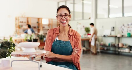 Poster - Mature, woman and face with pottery in art studio, arms crossed or ceramics with creative learning, manufacturing or production. Skills, handmade and artwork with female person with craft in workshop