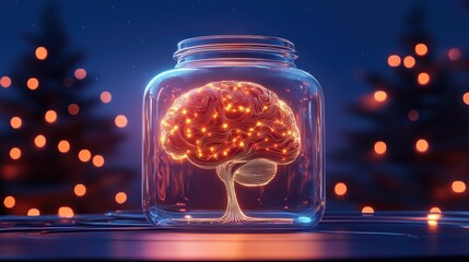 Aufkleber - Brain encased in a jar with christmas trees behind