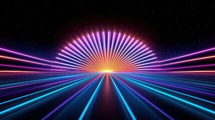Poster - Neon illuminated lines converge on a horizon under a starry sky