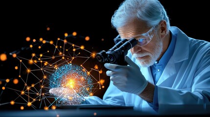 Poster - Scientist analyzes digital globe with microscope in innovative laboratory