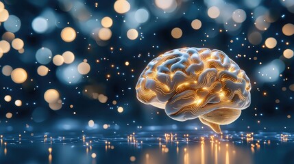 Poster - An illuminated human brain on a technological surface