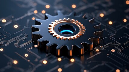 Leinwandbilder - Stylized cogwheel atop a circuit board with luminous accents