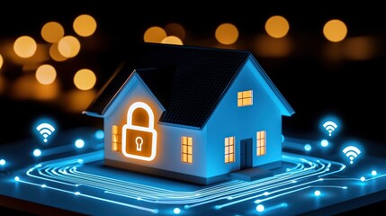 Fototapete - Glowing blue smart home with a bright orange padlock icon