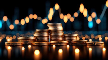 Aufkleber - Golden coins are stacked against blurred financial data background