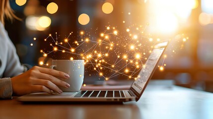 Fototapete - Woman working on laptop with coffee and digital network