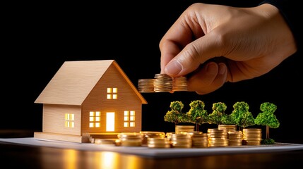 Aufkleber - Hand adds coins to house emphasizing investment and financial security
