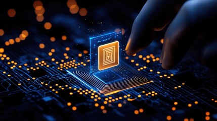 Poster - Hand interacting with glowing microchip above complex circuit board
