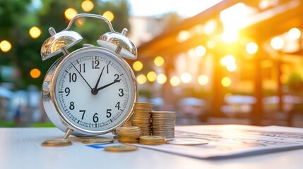 Poster - Alarm clock and stacks of coins symbolize time and money