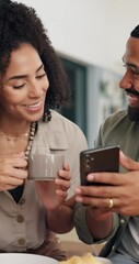 Poster - Breakfast, mobile and couple talking in home for social media post, show app and video on food blog. Phone, happy man and woman with morning meal, coffee and scroll website with news on internet