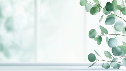 Poster - Eucalyptus branches with delicate green leaves in front of window