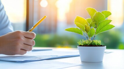 Leinwandbilder - Person working on blueprints with plant nearby on the desk