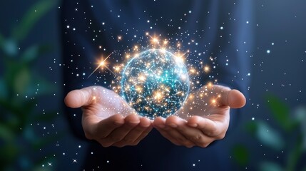 Poster - Person holding a glowing interconnected sphere in their hands