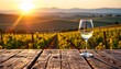 © Plake - first person perspective: an empty, weathered wooden table's edge anchors the foreground, a half full wine glass catching the suns golden glow, beyond, a sprawling vineyard stretches to a blurred
